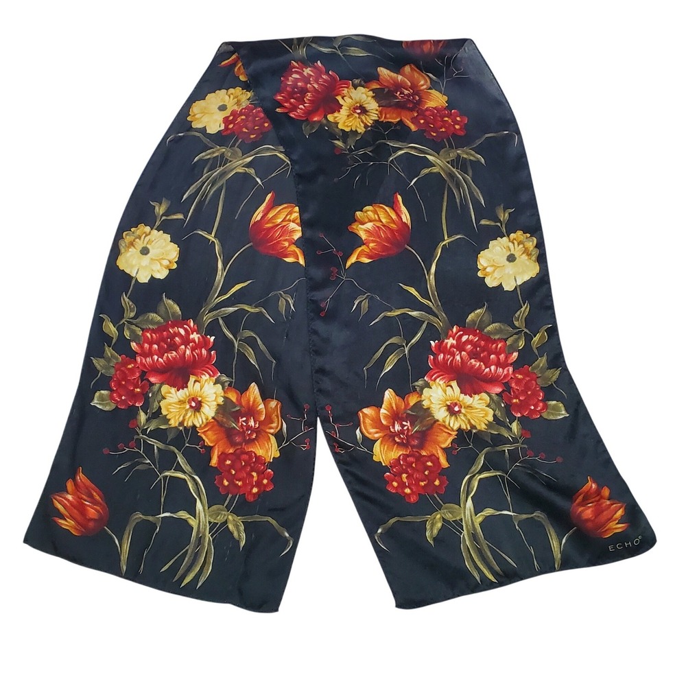 ECHO‎ Silk Scarf Black Floral Print Red Yellow Orange Botanical Luxury Fashion